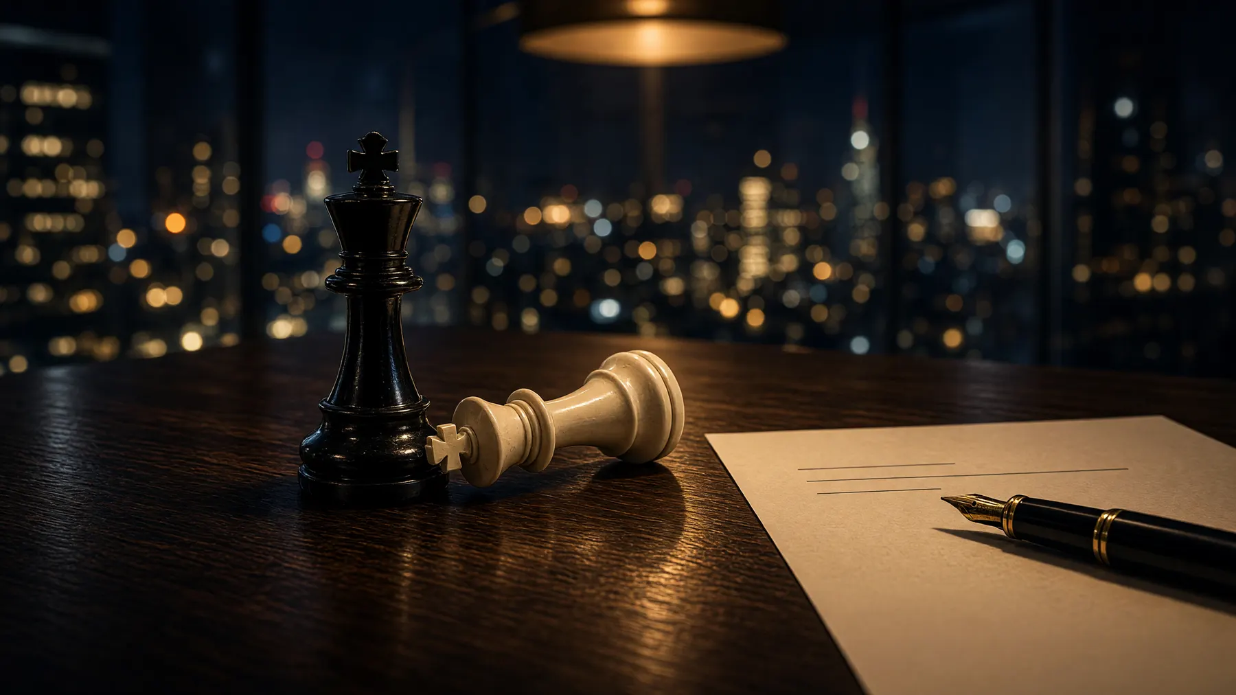 A black chess king standing over a toppled white king on a boardroom table, beside an unsigned contract